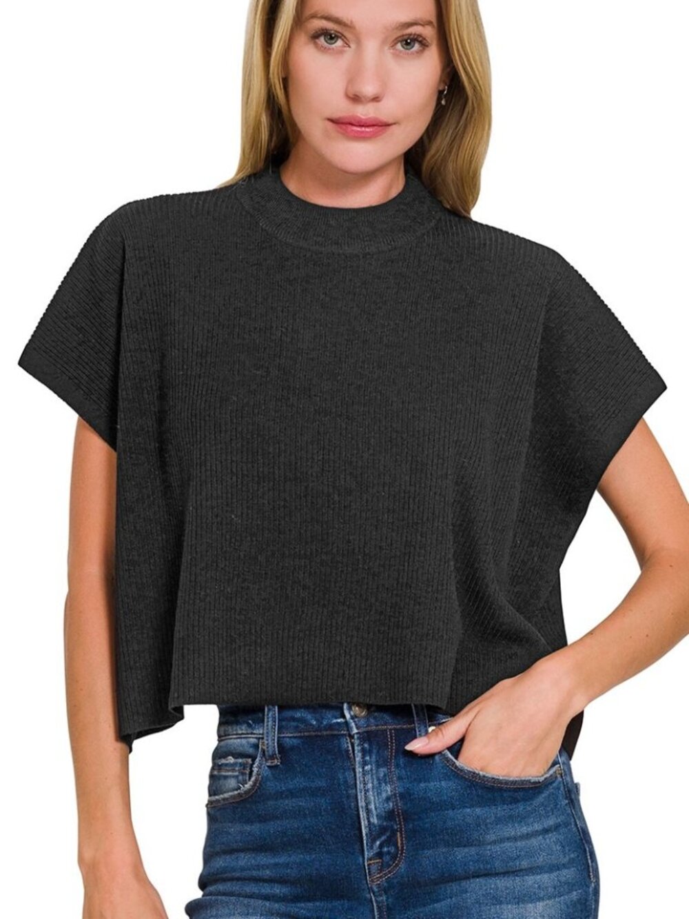 Zenana Viscose Mock Neck Short Sleeve Boxy Sweater